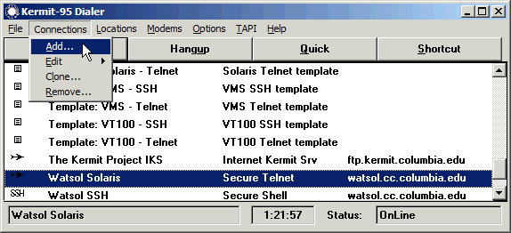 (Screen Shot of Connections Menu)