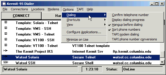 (Screen Shot of Dial Options)