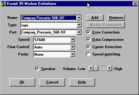 (Screen Shot of Modem Definitions Dialog)